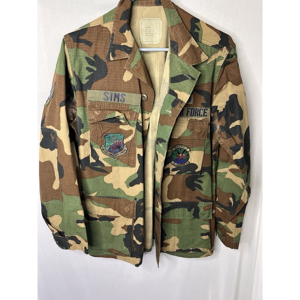 VTG US AIR FORCE SPACE GREEN FOREST‎ CAMO JACKET MENS Small S Patches SERGEANT